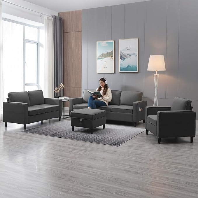 3 Pieces Living Room Sofa Set Linen Couch and Loveseat &amp Chair Sets with Ottoman &amp Armchair Modular Sectional Sofa Couch Furniture Set Wood Legs Sofas Couches for Living Room - Dark Grey