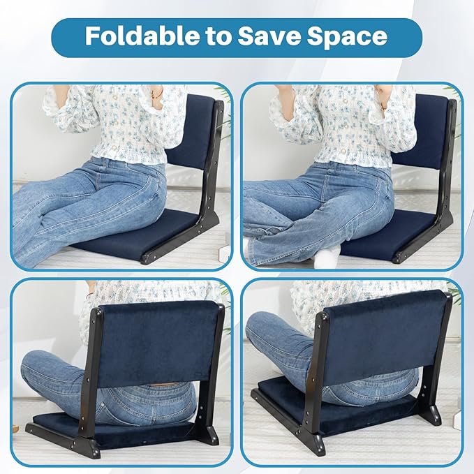 HollyHOME Foldable Tatami Chair Upholstered Japanese Style Floor Chair Wood Legless Back Rest Chair with Cushion Accent Meditation Floor Seat for Bay Window Living Room Bedroom Dark Blue