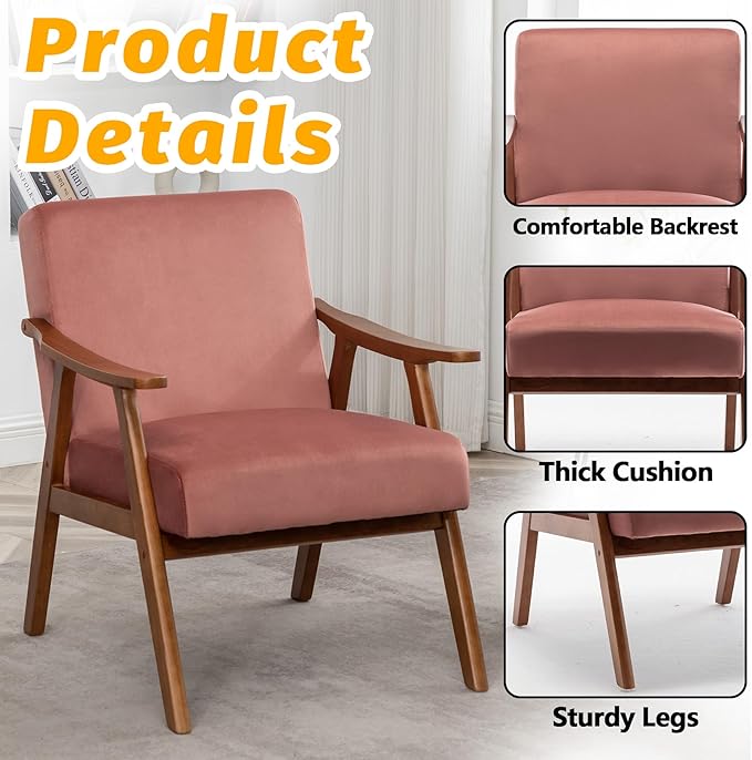 Mid Century Modern Accent Chair Upholstered Armchair Comfy with Wood Legs Siting Chair with Soft Cushion PU Leather Side Chairs for Living Room Bedroom Office (Velvet Rose)