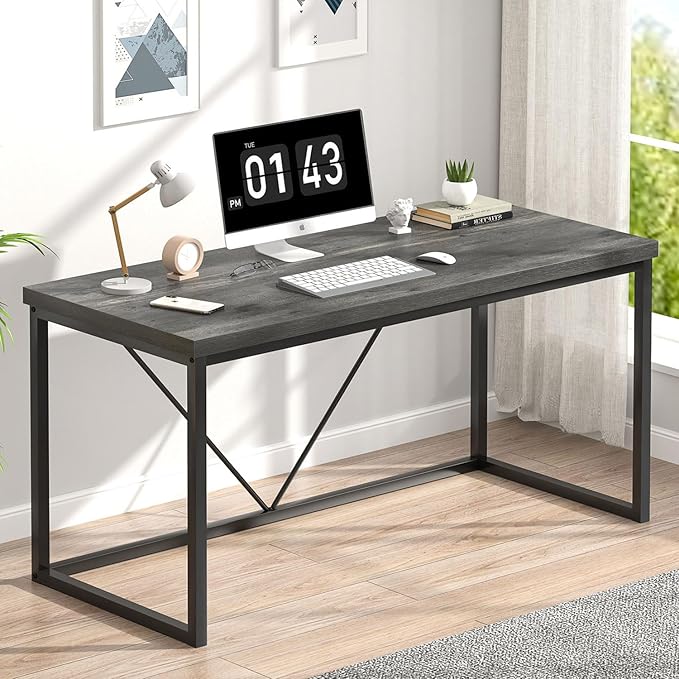 EXCEFUR Modern Home Office Desk Wood and Metal Computer Desk Industrial Writing Study Gaming Table for Living Room Bedroom Rustic Grey 53 inch