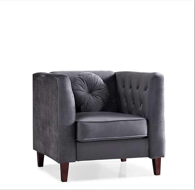 Kittleson Classic Chesterfield Velvet Accent Chair with Elegant Button Tufted Backrest Square Legs High-Density Foam &amp Accent Pillows Arm Chair for Living Room Chair Grey