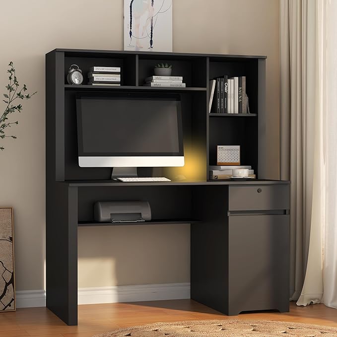 Computer Desk with Hutch and Drawers 50 Office Desk with Storage Shelves and Printer Stand Gaming Desk with Power Outlets &amp USB Charging Ports Sturdy Writing Workstation for Home (Black 51)