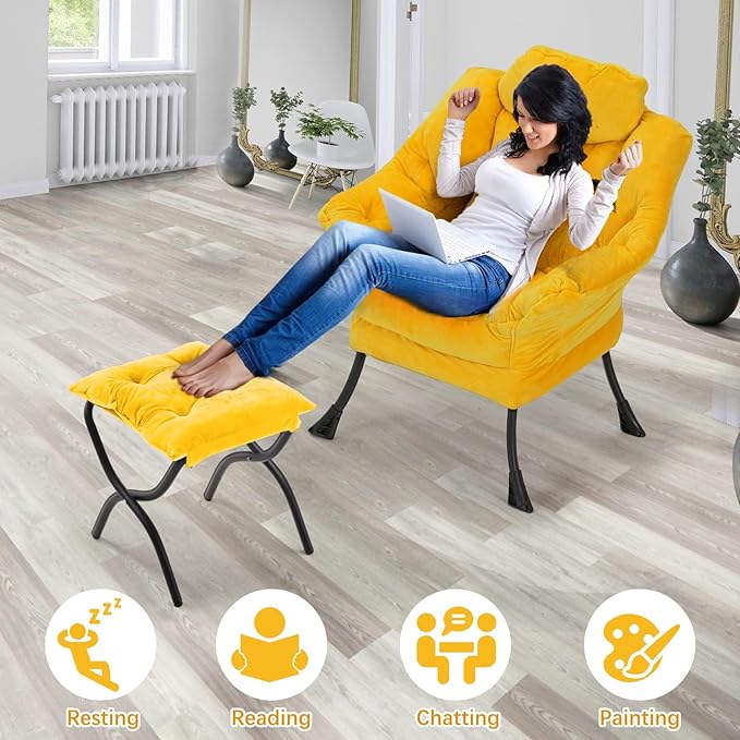 Lazy Chair with Folding OttomanLeisure Sofa ChairSoft Fabric Armchair with Armrests and Side Pockets Reading Chair with Footrest for Living Room Bedroom Office (Plush Yellow)
