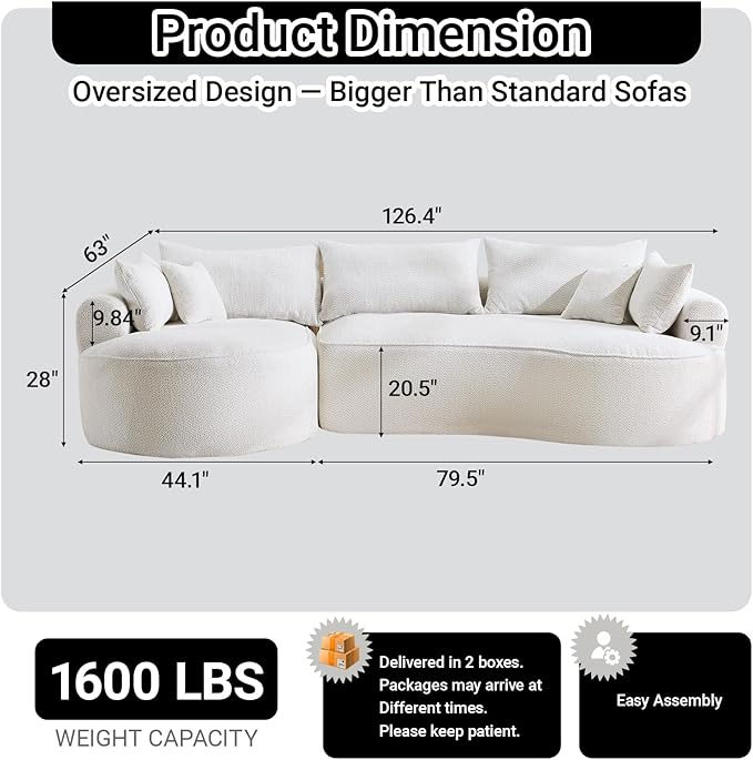 126.4 Oversized L-Shaped Boneless Sofa Deep Seat Sectional Couch with Curved Seat Design and 7 Pillows No-Assembly Chenille Sofa for Living Room Heavy-Duty Support（White）