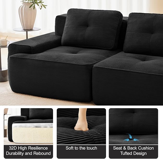 82 Modern Compressed Boneless Love Seat Couches with 2 Ottomans 2 Seater Large Sectional Couches for Living Room Black Corduroy Cloud Modular Sectional Sofa Memory Foam Deep Loveseat No Assembly