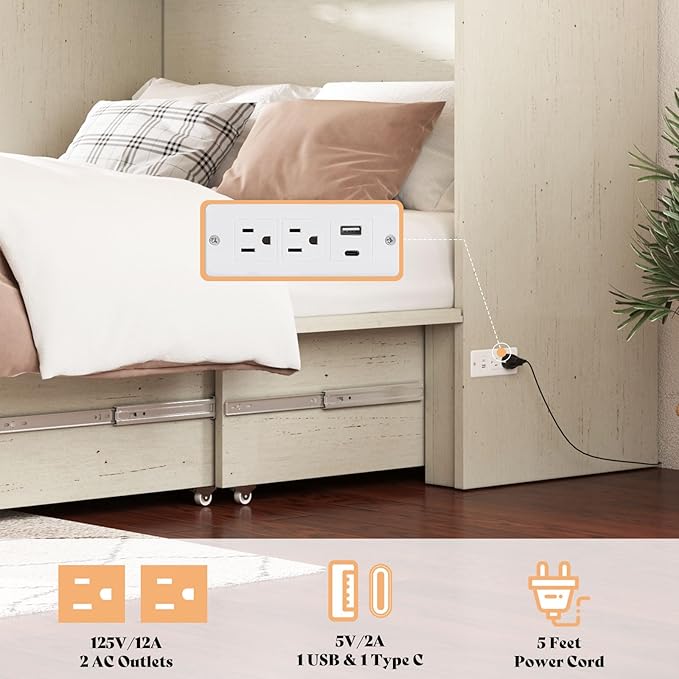 AMERLIFE Queen Murphy Bed with Storage &amp Charging Station Farmhouse Murphy Cabinet with Foldable Panel Noisy Free for Guest Bedroom Living Room Office Distressed White