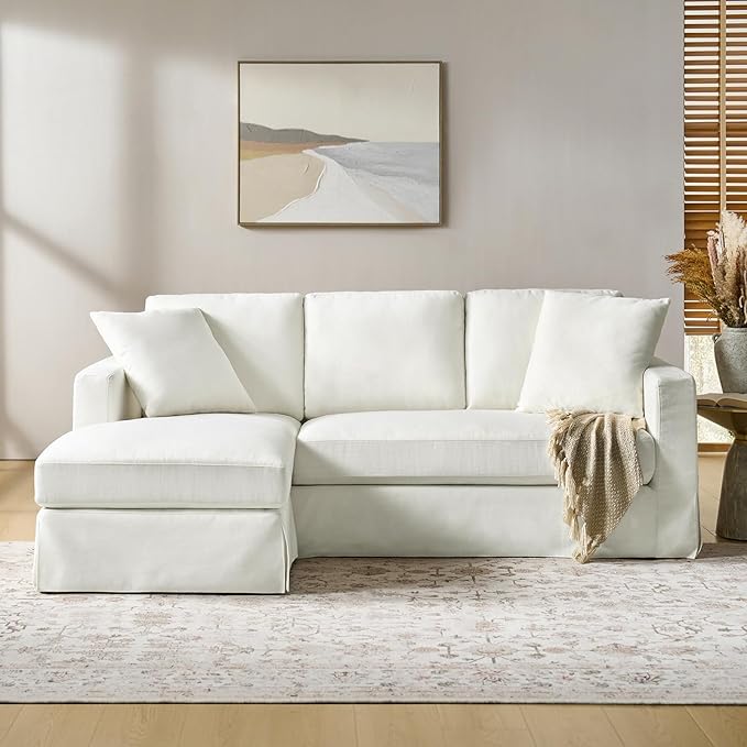 HULALA HOME 85 Slipcovered Sofa with Removable &amp Washable Cover 3-Seater Farmhouse Chaise Sofa with Down-Filled Cushions Comfy Upholstered Couch for Living Room Bedroom White