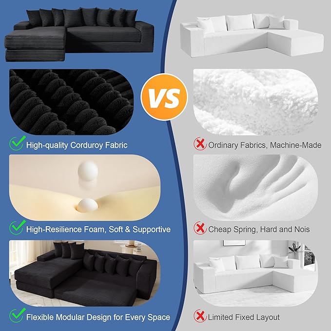 110'' Oversize Cloud Sectional Couches for Living Room Convertible Sleeper Sofa Bed Big Comfy Couch with 2 Side Pockets &amp 8 Pillows Corduroy Free-Combined (Black 110 -Left Facing Chaise)