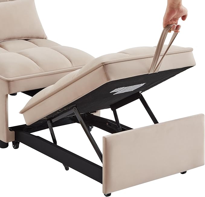 Ball &amp Cast 4 in 1 Convertible Sleeper Chair Velvet Single Sofa Bed with Side PocketsPull Out Couch with Adjustable Backrest and Pillow Multi-Function Chaise Lounge for LivingroomTaupe