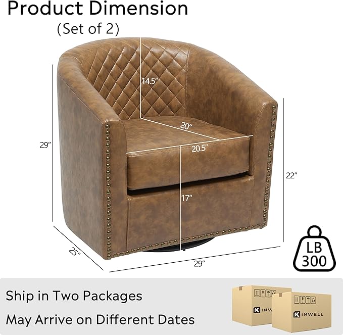 KINWELL 29 Wide Tufted Faux Leather Swivel Barrel Chair Set of 2 PU Leather Modern Upholstered Accent Chairs with Nailhead Trim Small Armchair for Living Room Bedroom Coffee