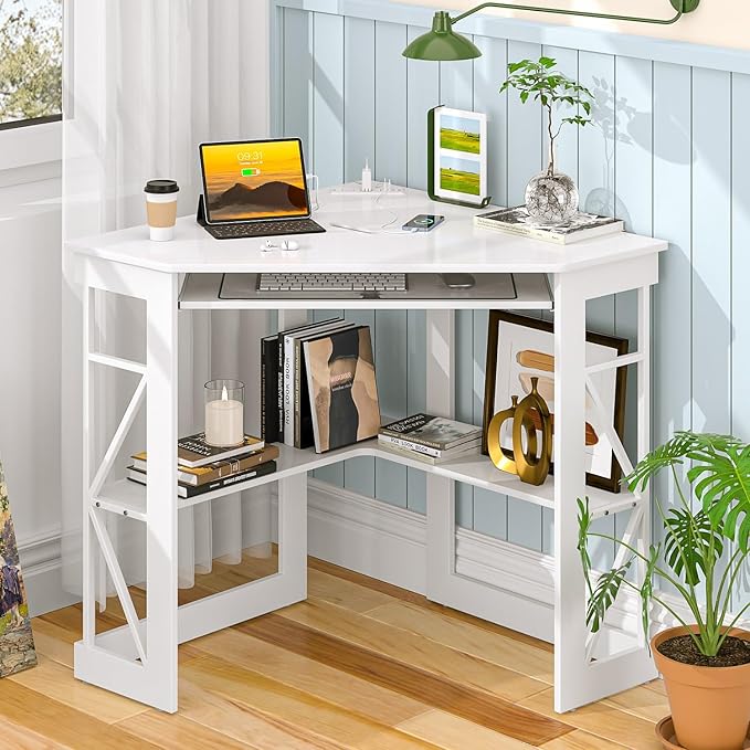 VECELO Corner Computer Desk 41x30 inches with Charging Station &amp Keyboard &amp Storage Shelves for Small SpaceTriangle Table for Home Office BedroomWhite