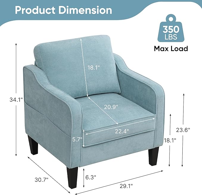 Accent Chair for Living Room Mid Century Modern Reading Chair for Bedroom Upholstered Armchair with Side Pockets Comfy Single Sofa Side Chair for Office Apartment Small Room Teal Green