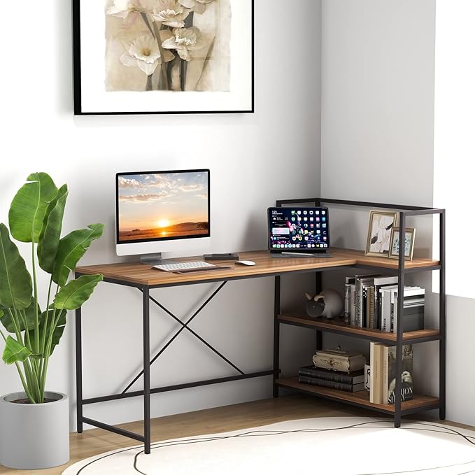 COSTWAY 59 Inch L-Shaped Computer Desk Large Reversible Corner Desk with Open Storage Shelves Space-Saving Writing Study Table PC Laptop Gaming Desk for Home Office (Black + Walnut)