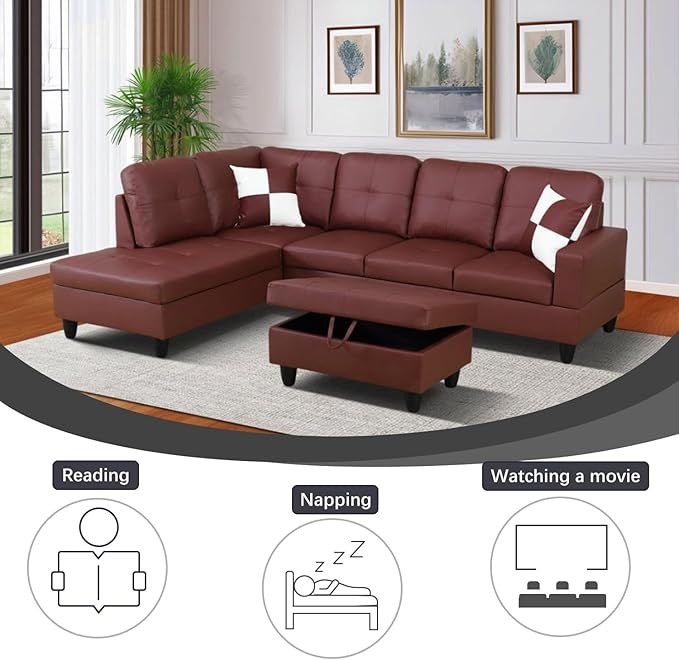 Red L-Shaped 3-Piece Faux Leather Sofa with Storage Ottoman Set Sectional Couch Leather-Like Sofa Set for Living Room Office Small Space