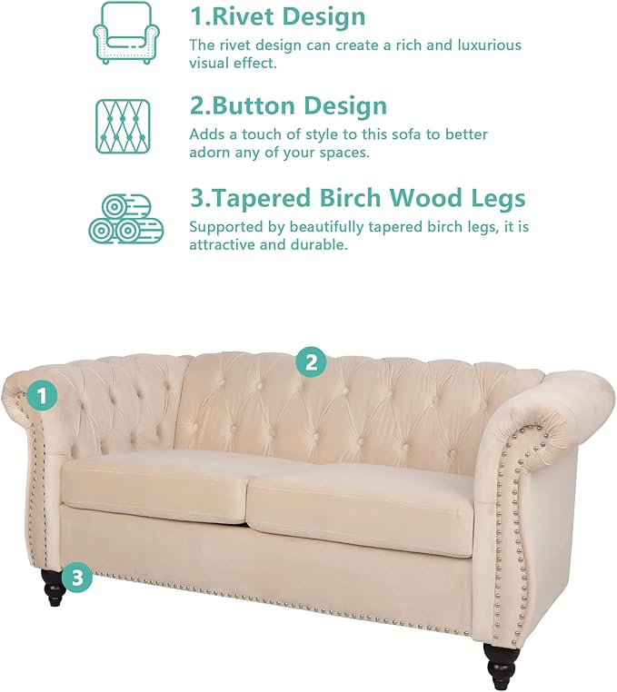 Velvet Loveseat Sofa Mid Century Modern Upholstered Couch 62 Oversized Comfy 2 Seater Love Seat Couch with Cushions Tufted Chesterfield Sofa for Living Room Bedroom Apartment (Beige)