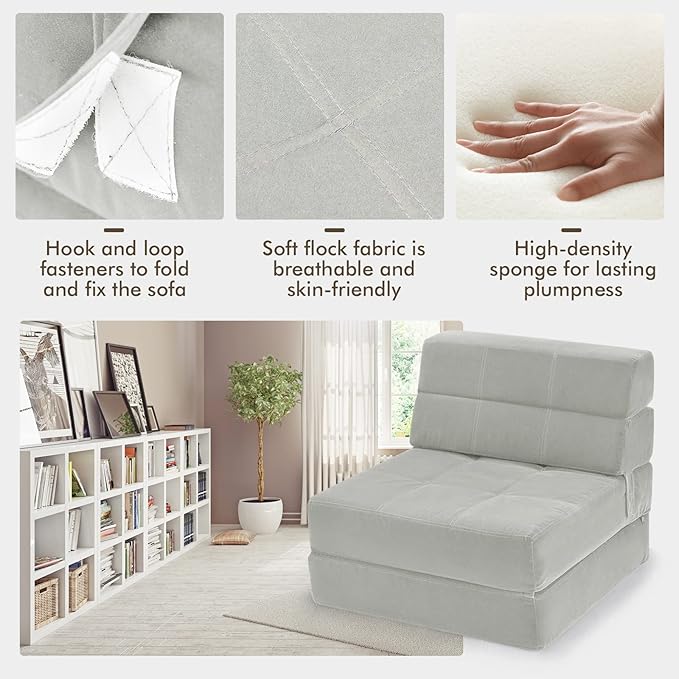 COSTWAY Triple Fold Down Sofa Bed 3-in-1 Fold Floor Couch Lounge Sleeper with Thick Cushion Flock Fabric Convertible Design Portable Single Guest Bed Mattress for Living Room Bedroom (Grey)