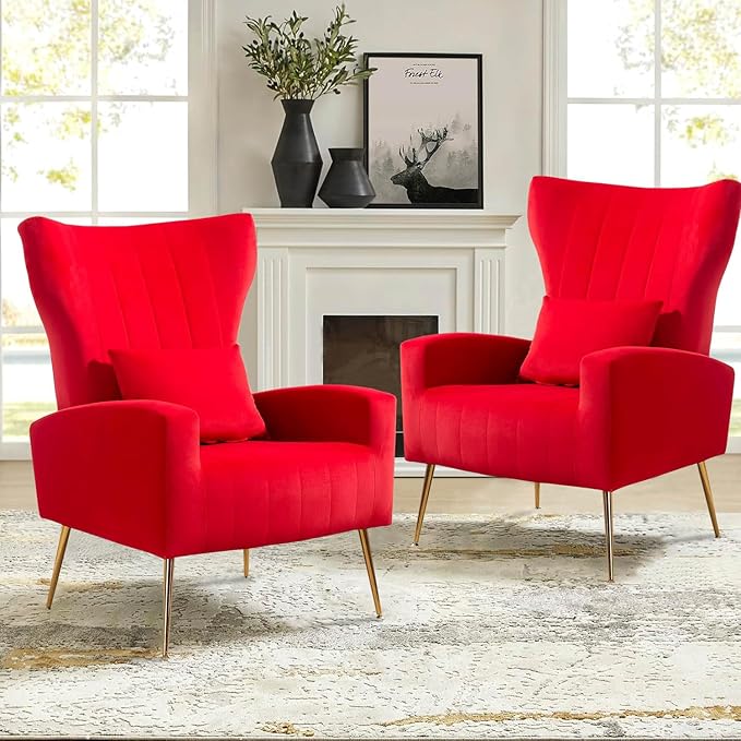 Velvet Accent Arm Chair Mid-Century Modern Living Room Chair Wingback Bedroom Side Chair with Gold Legs &amp Pillow Button-Tufted Red