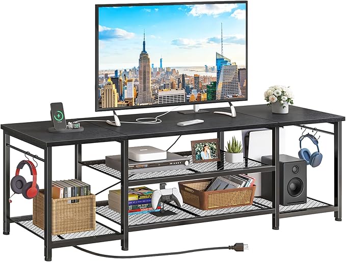 YGEOMER TV Stand for Up to 75 Inch TVs Entertainment Center with Power Outlet and Open Storage Shelves TV Media Console Table for Living Room and Bedroom Black