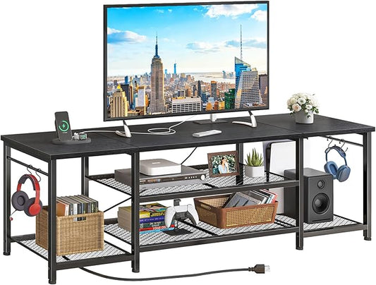 YGEOMER TV Stand for Up to 75 Inch TVs Entertainment Center with Power Outlet and Open Storage Shelves TV Media Console Table for Living Room and Bedroom Black