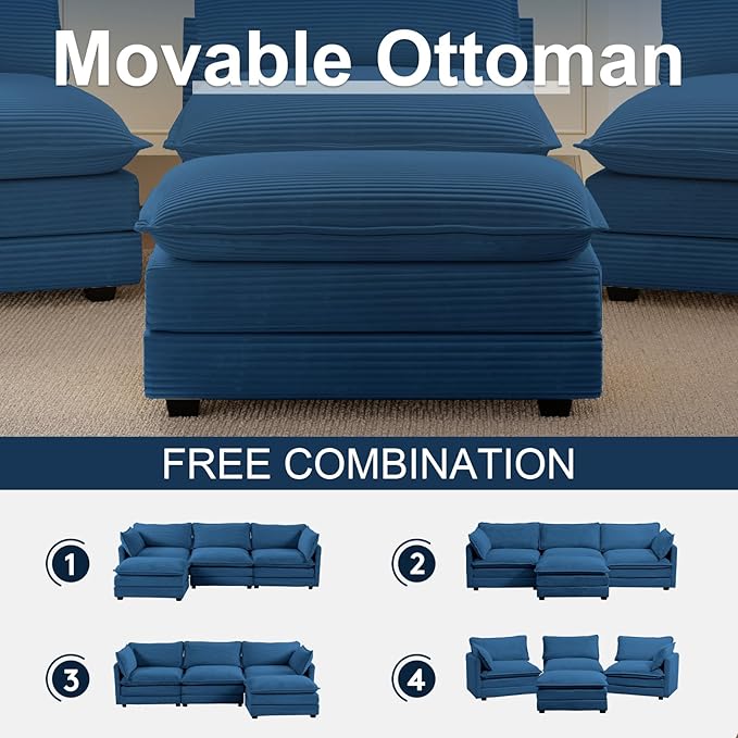 112 L Shaped Couch Modern Modular Sectional Sofa with Movable Ottoman 4-Seater Comfy Cloud Couch with Corduroy Deep Seat and Pillow for Living Room Bedroom and Apartment Blue