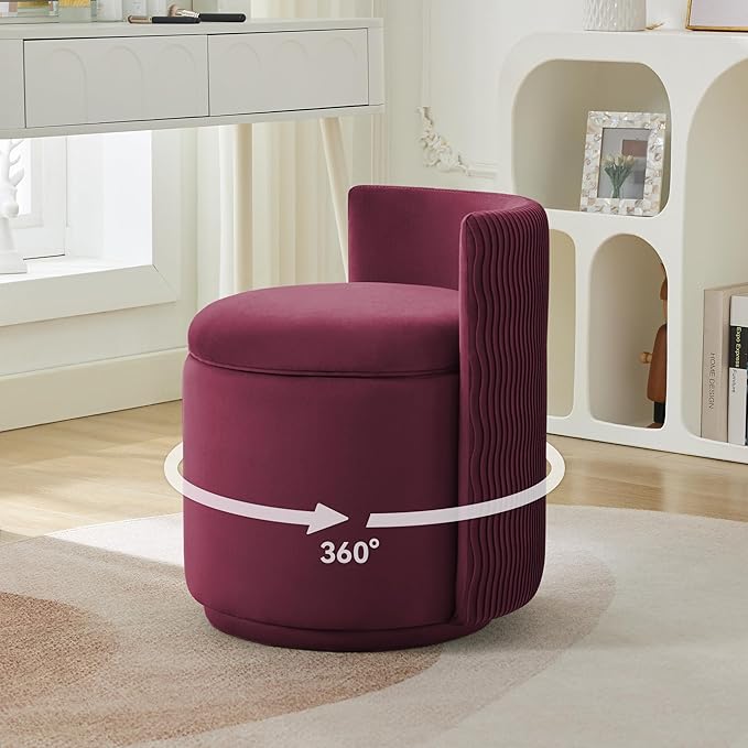 Velvet Vanity Chair with Storage 360° Swivel Makeup Chair with Wave Back No Assembly Small Accent Stool for Bedroom Dressing Living Room Burgundy