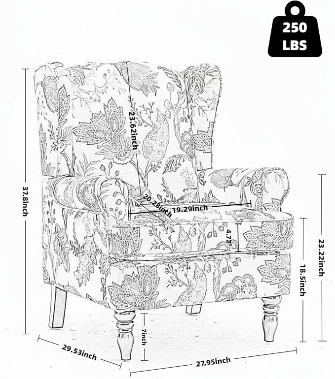 Mid Century Wingback Accent ChairModern Linen Fabric Upholstered Armchair with Retro Wooden LegsFloral Pattern Single Sofa ChairComfy Reading Chair for Living Room Bedroom Office (Floral Red)
