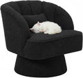 Modern 360° Swivel Barrel Accent Chair Teddy Fabric Upholstered Round Lounge Armchair with Striped Backrest &amp Plush Padding for Living Room Bedroom Reading Nook Black