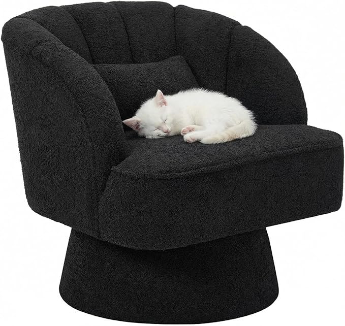 Modern 360° Swivel Barrel Accent Chair Teddy Fabric Upholstered Round Lounge Armchair with Striped Backrest &amp Plush Padding for Living Room Bedroom Reading Nook Black