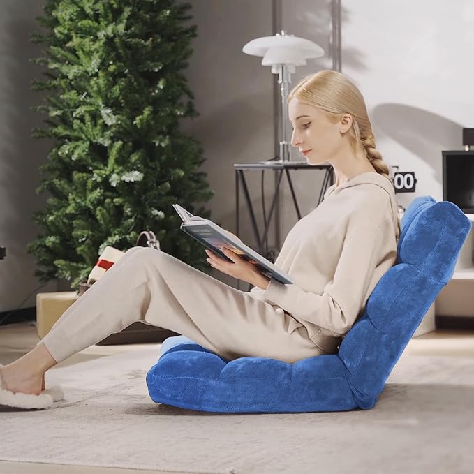 S AFSTAR Cushioned Floor Chair 14-Position Adjustable Padded Lazy Recliner with Comfortable Back Support and Skin-Friendly Cover Great for Reading Playing Game Meditating (Blue)
