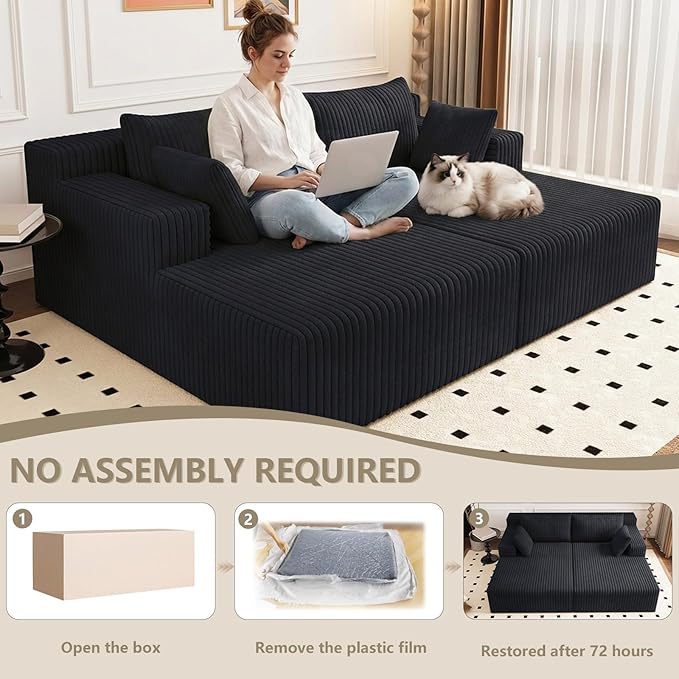 70.8 Oversized Boneless Double Chaise Lounge Chair Indoor Upholstered Corduroy Cloud Chaise Lounges with 4 Pillows Modern Deep Seat Loveseat Sleeper Sofa for Living Room Bedroom Apartment Black