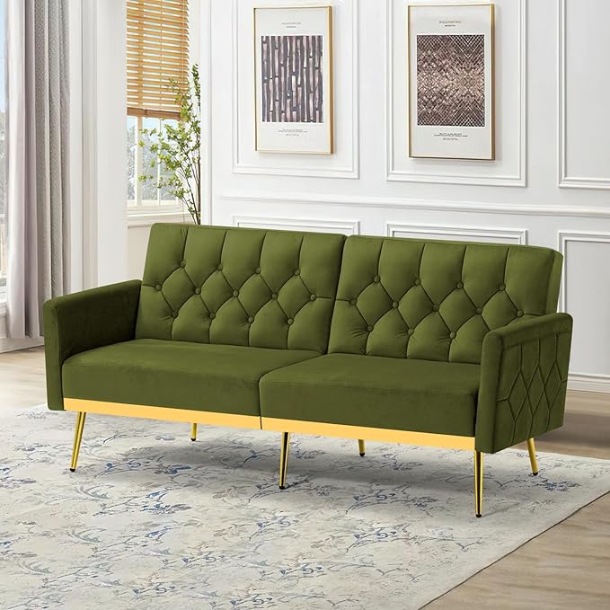 Velvet Sofa Bed w/Adjustable Armrests and Backrests Modern Convertible Sleeper Sofa Tufted Futon Sofa for Bedroom Living Room Apartment Olive Green