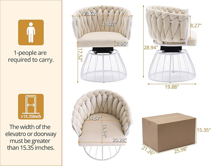 Mistpeople Swivel Weave Accent Chair Velour Upholstered Modern Chair with Woven Tufted Backrest for Living Room Bedroom Vanity Beige