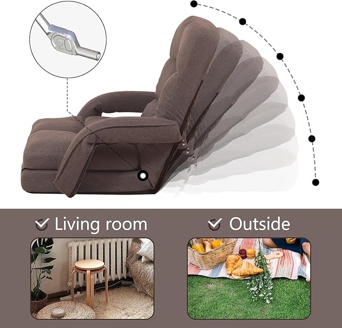 Indoor Floor Chair with Armrest and Pillow Folding Chaise Lounge Sofa 14-Position Adjustable Comfy Gaming Recliner Chair Padded Seats for Adults(Brown)
