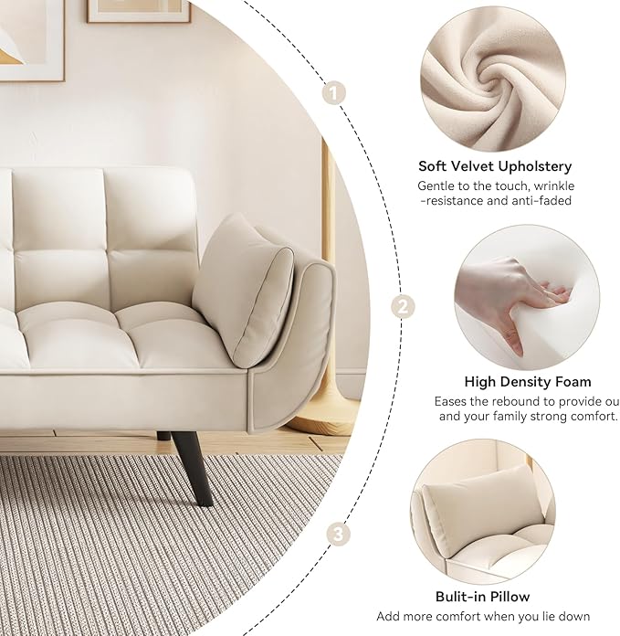 KINFFICT 57 inch Beige Futon Sofa Couch Bed Comfy Velvet Upholstered Loveseat Convertible Sleeper Sofa cama with Adjustable Backrest Mid Century Modern Sofas for Living Room Bedroom Small Space