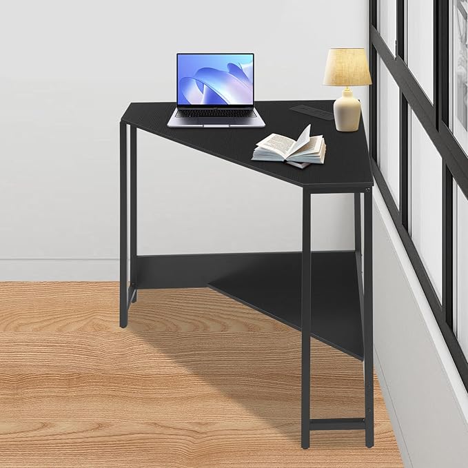 Modern Corner Desk Small Computer Desk with Outlets Office Desk Workstation 90 Degrees Triangle Table for Small Space Bedroom Living Room