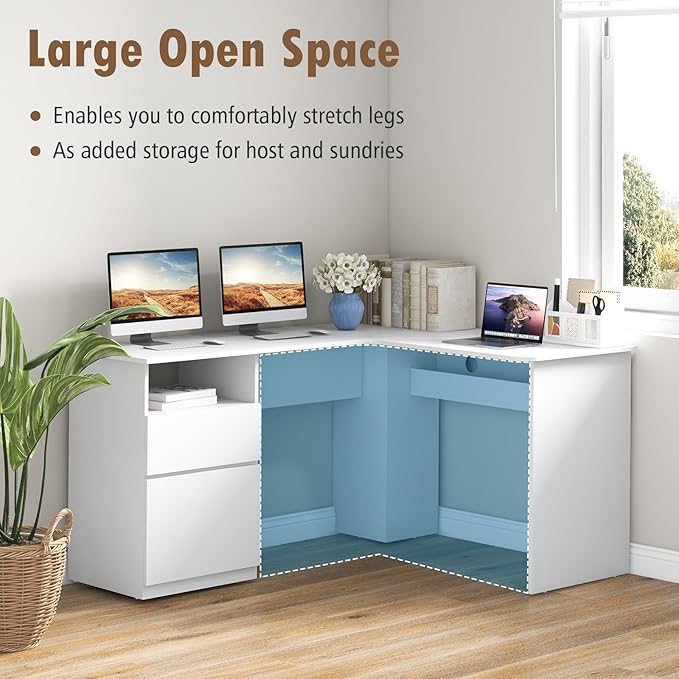 GOFLAME L-Shaped Desk 59 Corner Computer Desk with File Drawer &amp Open Shelf Large Workstation w/ 2 Cable Management Holes Writing Study Desk for Home Office White