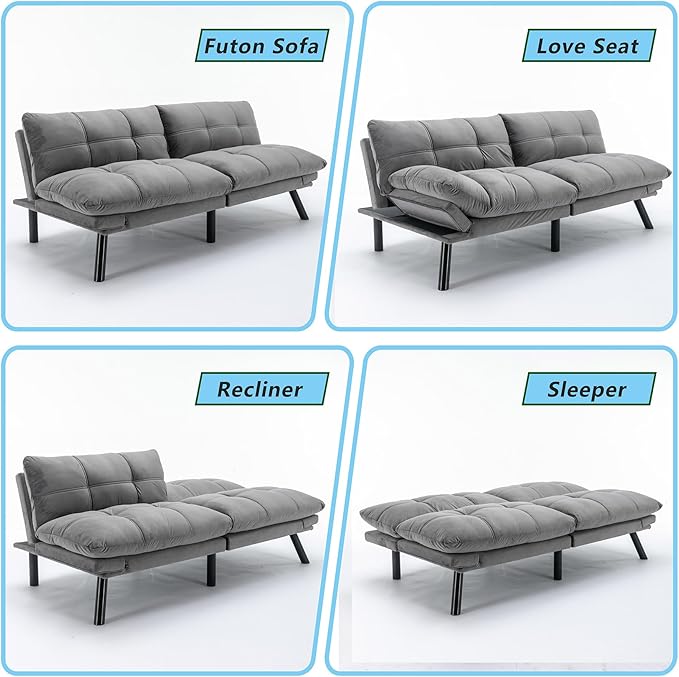 71 Velvet Futon Couch Bed with Mattress IncludedConvertible Folding Sleeper Sofa Bed with Adjustable BackrestsModern Loveseat Sleeper for Living Room Bedroom Small Space Home Office (Grey)