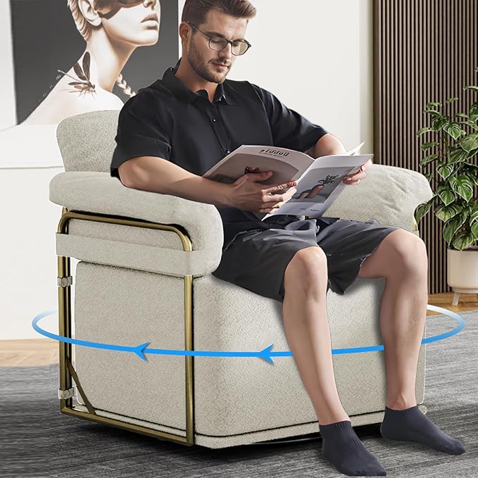 Swivel Accent Chairs 360 Swivel arm Chairs for Bedroom Club Chair with Back Gold Frame Tall Base for Office and Living Room (Beige)