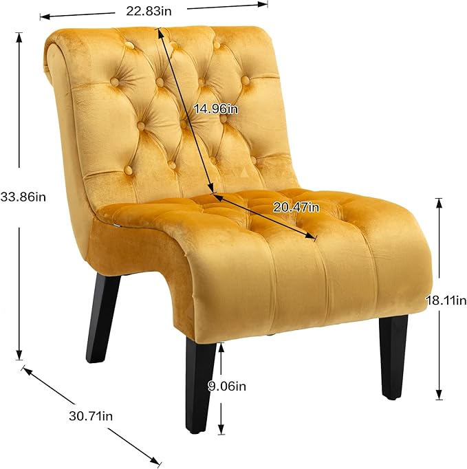 Yoluckea Modern Upholstered Accent Chair S-Shape Armless Lounge Chair for Bedroom Living Room Comfy Velvet Chaise Chairs with Button Tufted Back and Solid Wood Legs Mustard Yellow