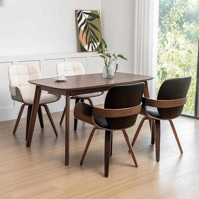 Set of 4 Mid Century Modern Chairs - Swivel Dining Chairs with Arms and Curved Back Faux Leather Reception Room Chairs Ideal for Kitchen/Living Room/Reception/Desk (Walnut Black)