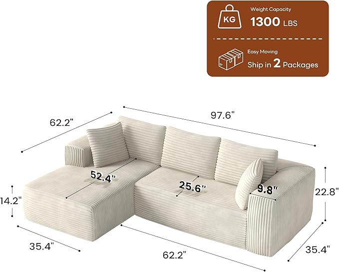 No-Assembly Cloud Sectional Sofa with L-Shaped Chaise Modern Modular Design for Living Room Features Deep Seat and Plush Corduroy Fabric Effortless Setup for Instant ComfortBeige