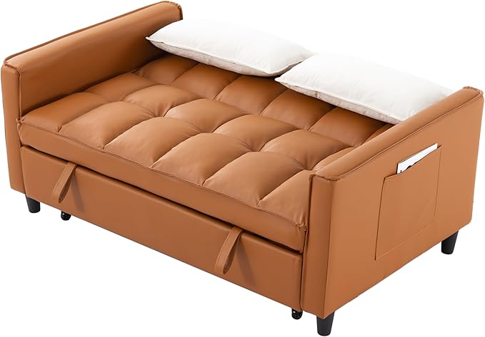 3 in 1 Convertible Sofa Bed Love Seat Sleeper Bed with Side Pockets PU Fabric Pull Out Couch with Adjustable Backrest for Living Room Bedroom Apartment Brown