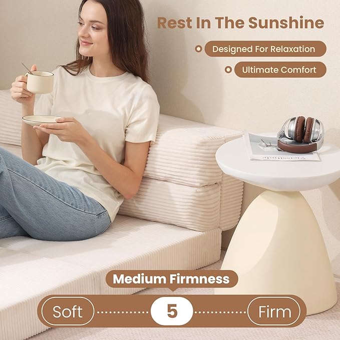 Folding Sofa Bed Convertible Sleeper Chair with Pilow Foldable Matress 2 in 1 Pull Out Loveseat Sofa Portable Fold Out Chair Bed Floor Couch Lounge for Living Room Bedroom (Beige Twin)