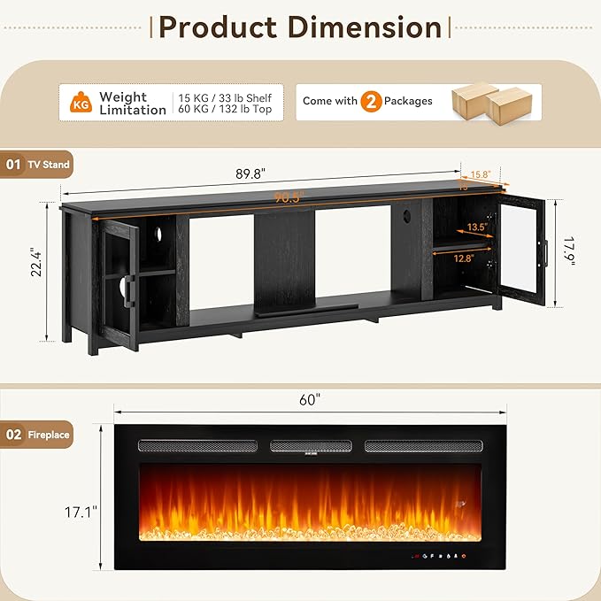 90 Fireplace TV Stand with WI-FI Enabled Modern 60 Smart Fireplace Entertainment Center Fire Place TV Console Adjustable 12-Color LED Lights for Living Room Black
