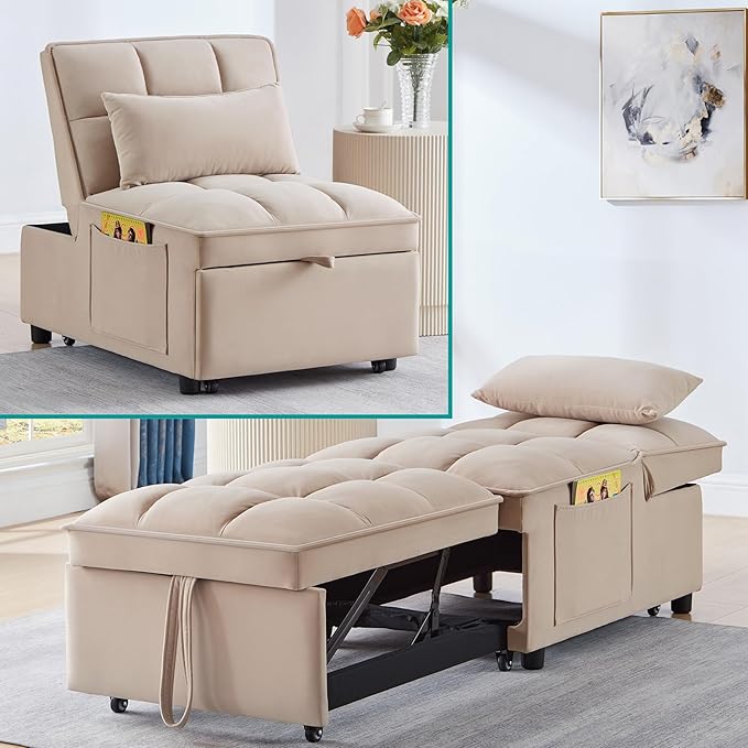4 in 1 Sleeper Chair with Pullout BedConvertible Lazy Sleeper Sofa Chair withStorage Pockets &amp Adiustable Backrest forLiving Room (Taupe)