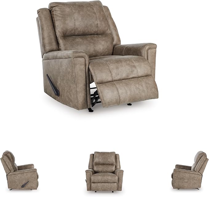Signature Design by Ashley Skymaker Modern Faux Leather Manual Rocker Recliner with Track Arms Light Brown