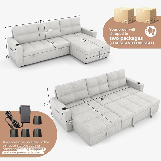 85 inch Sectional Sleeper Sofa Bed with StoragePull Out Couch with Reversible Storage ChaiseCup Holders USB ChargingSide PocketsComfortable Sectional Sofa Couches for Living RoomSmall Spaces | co