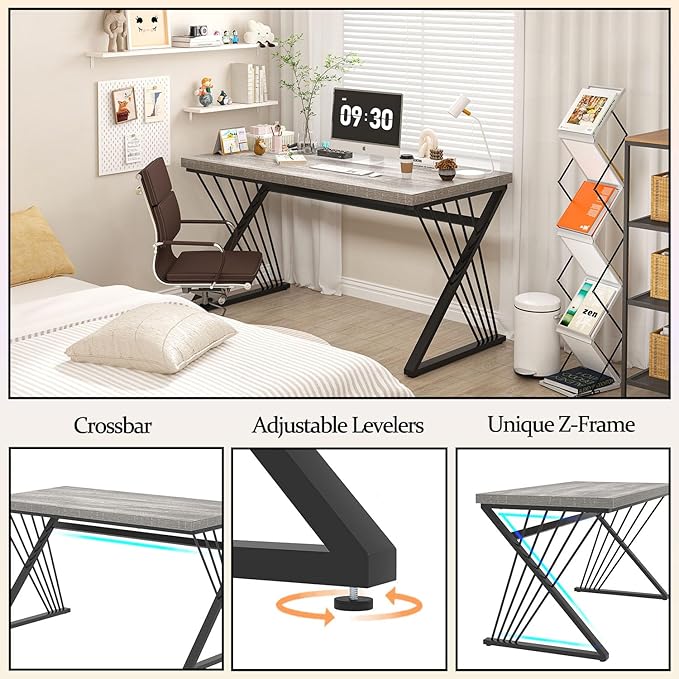 FOLUBAN Modern Desks Rustic Wood and Metal Computer Desk for Home Office Simple Study Writing Work PC Table for Bedroom Living Room Light Grey 47 Inch