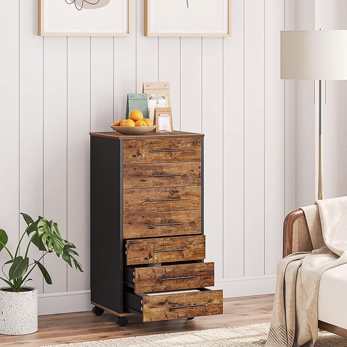 HOOBRO 7-Drawer File Cabinet Wooden Office Cabinet with Drawers Mobile Storage Filing Drawer for Home Office Study Easy Assembly Rustic Brown and Black BF07WJ01