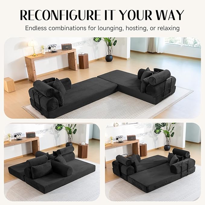 79 Corduroy Sofa Bed Sleeper Couch 6-in-1 Convertible Boneless Floor Futon Loveseat High-Density Foam Couch in a Box with 2 Headrest Pillows No Assembly Black